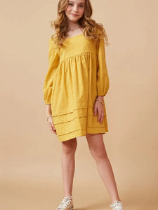 Youth Girls Square Neck Textured Stripe Pleat Detail Dress
