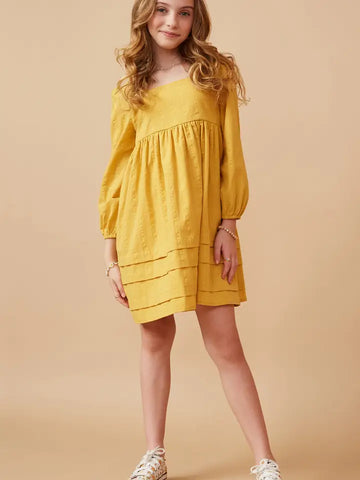 Youth Girls Square Neck Textured Stripe Pleat Detail Dress
