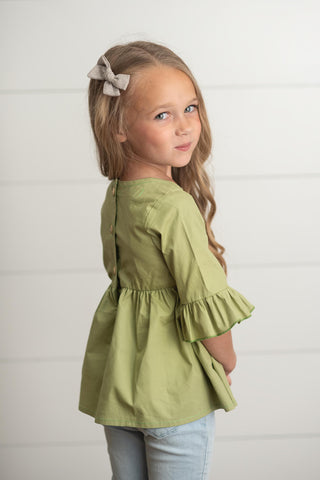 Sage Ruffle Long Sleeve Button Top