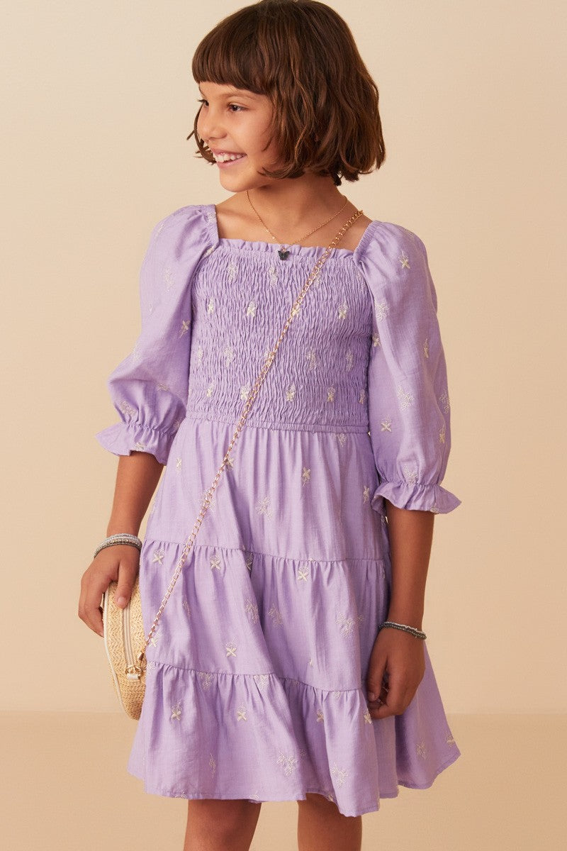Girls Floral Embroidered Smocked Midi Dress