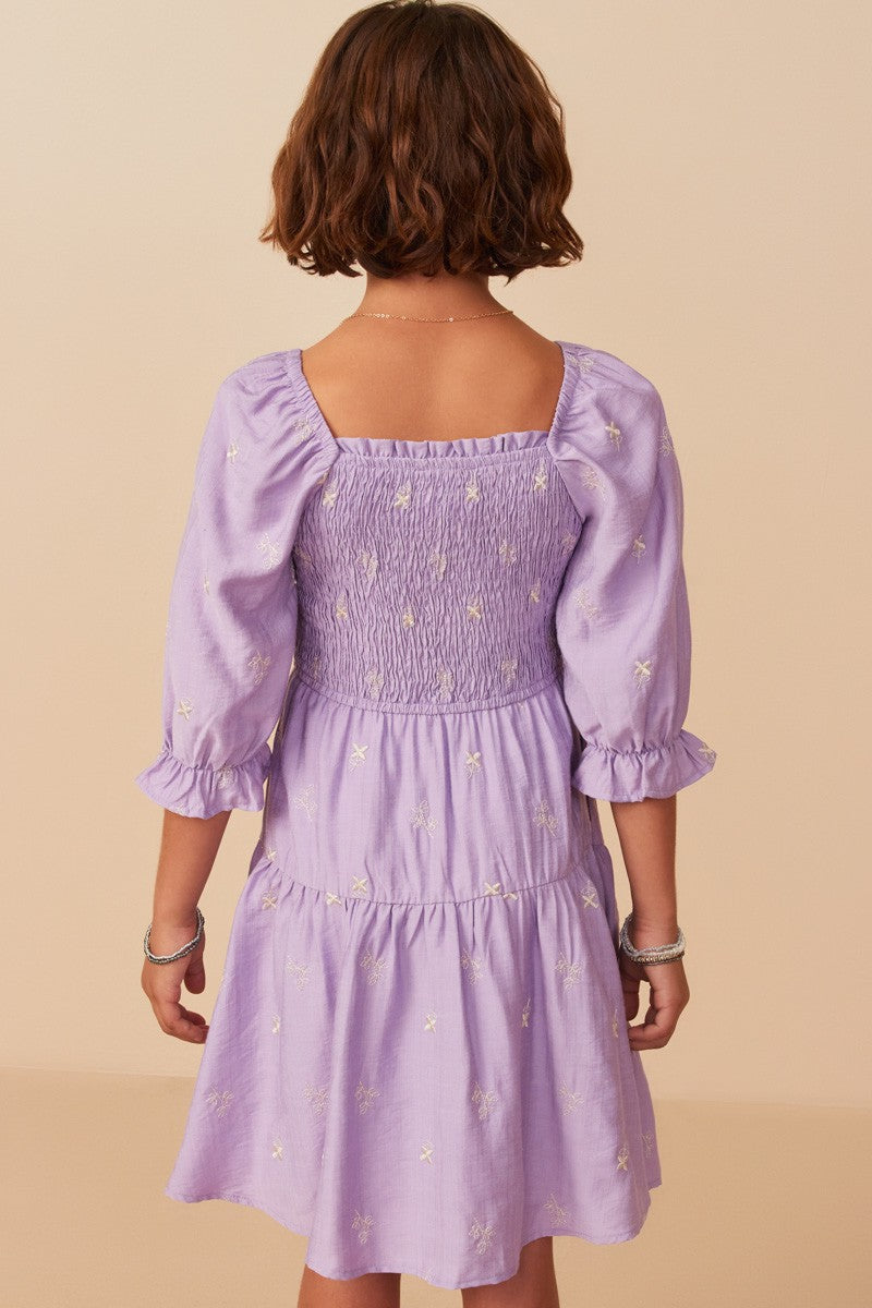 Girls Floral Embroidered Smocked Midi Dress