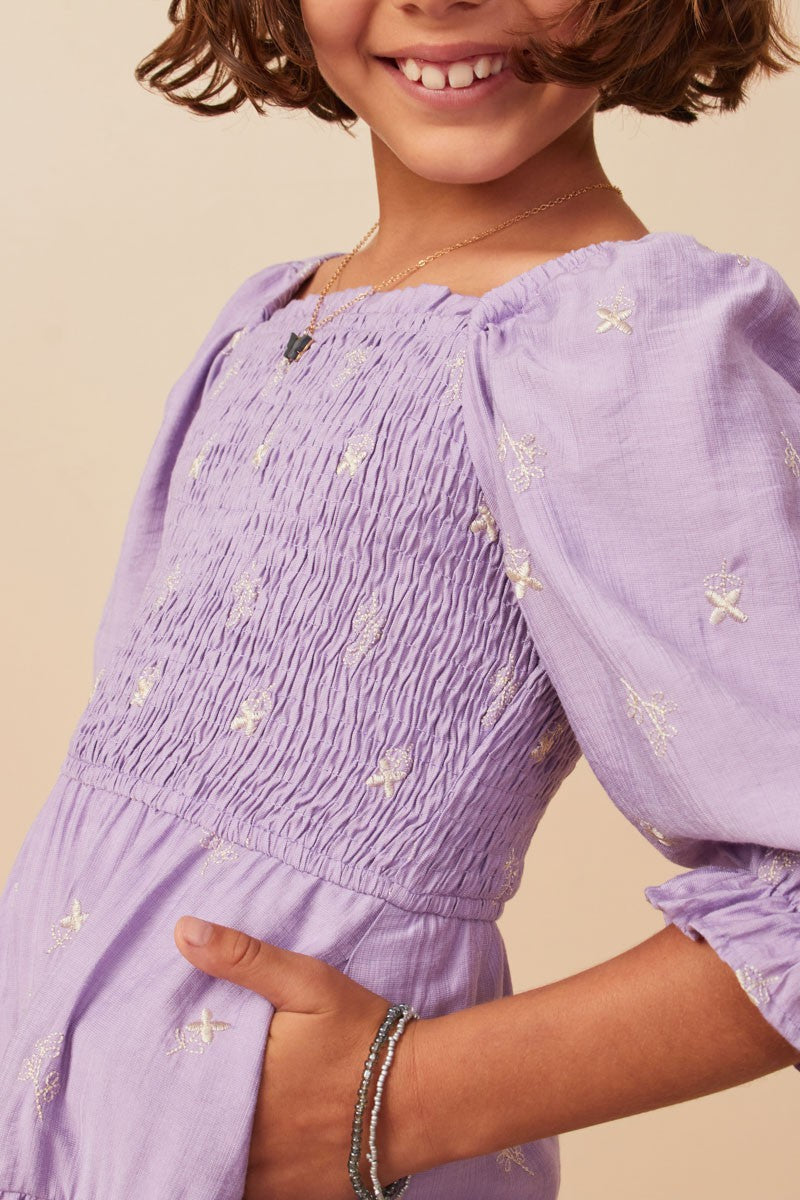 Girls Floral Embroidered Smocked Midi Dress