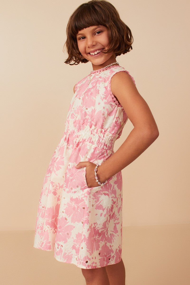 Girls Floral Print Smocked Waist Lace Dress