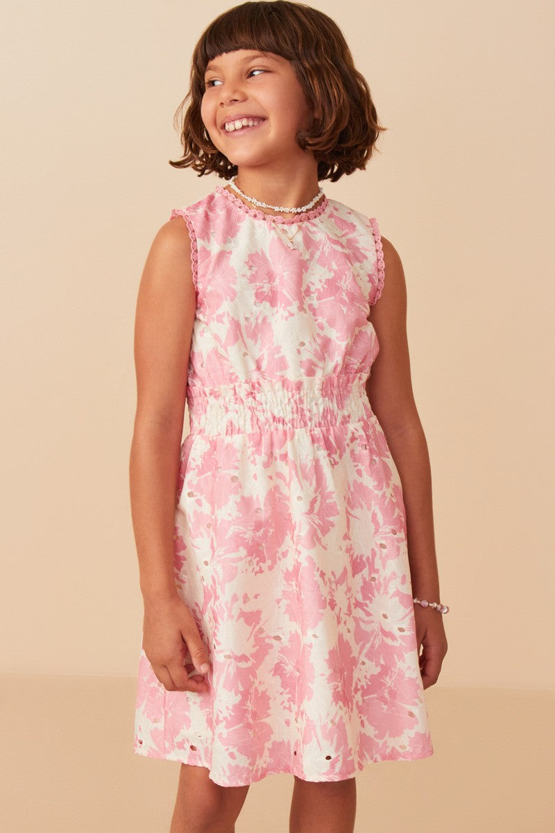 Girls Floral Print Smocked Waist Lace Dress