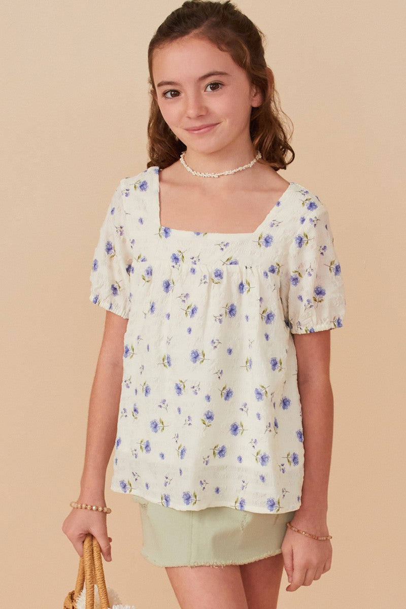 Youth Girls Textured Floral Square Neck Top