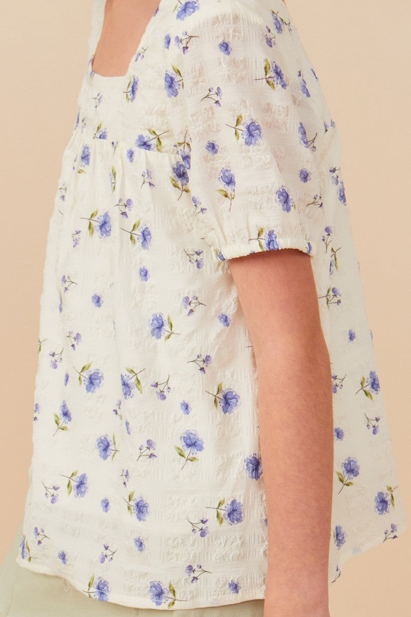 Youth Girls Textured Floral Square Neck Top