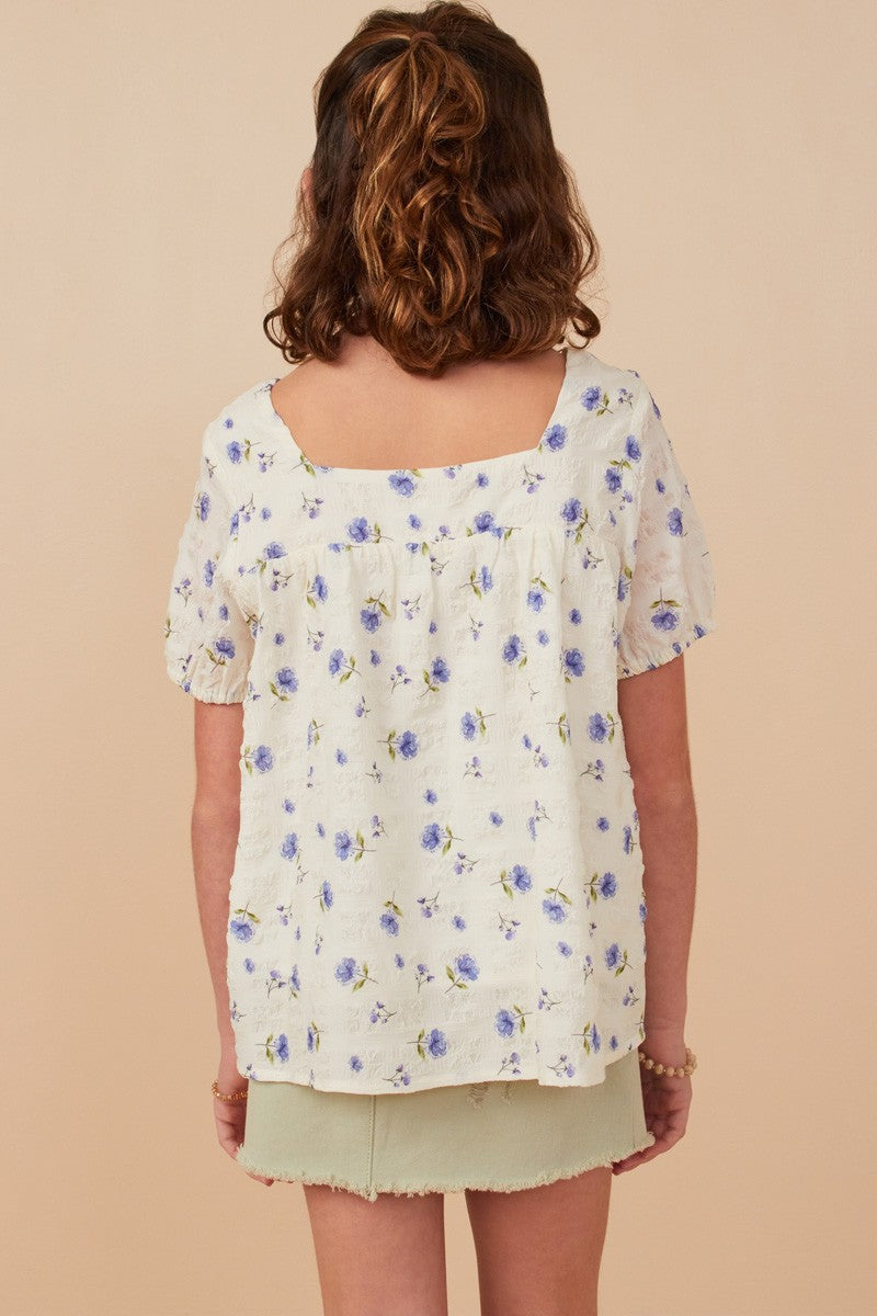 Youth Girls Textured Floral Square Neck Top