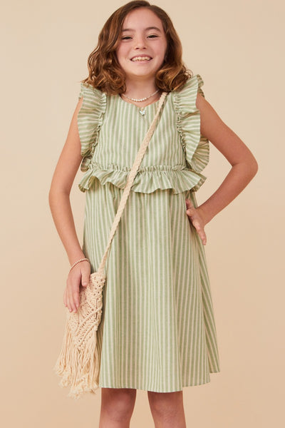 Girls Striped Button Ruffled Dress