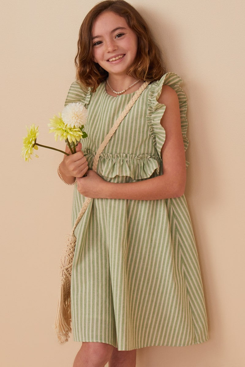 Girls Striped Button Ruffled Dress