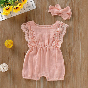 Solid Cotton Romper with Headband