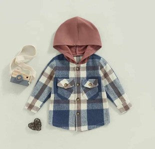 Kids Blue And Rust Plaid Hooded Jacket