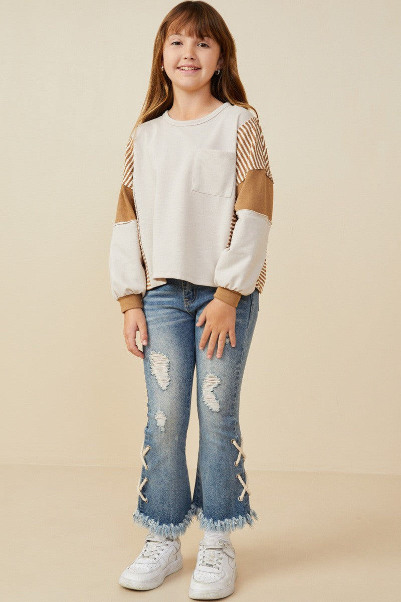 Youth Girls Stripe & Color Block Sleeve Detail Knit Top