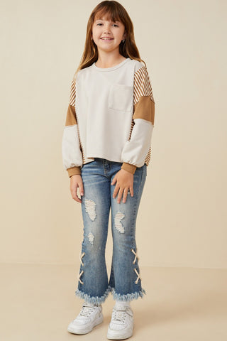 Youth Girls Stripe & Color Block Sleeve Detail Knit Top