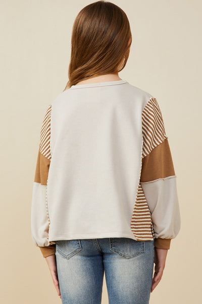 Youth Girls Stripe & Color Block Sleeve Detail Knit Top