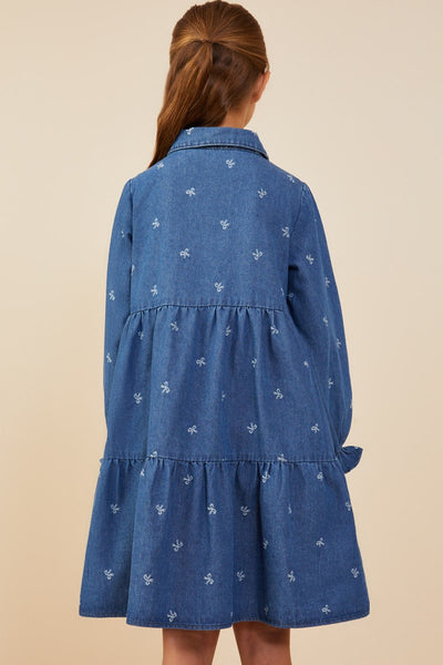 Youth Girls Denim Printed Buttoned Tiered Dress