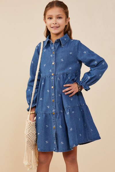 Youth Girls Denim Printed Buttoned Tiered Dress