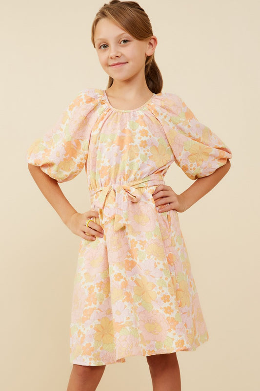 Youth Girls Puff Sleeve Belted Textured Dress