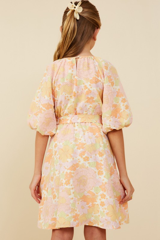 Youth Girls Puff Sleeve Belted Textured Dress