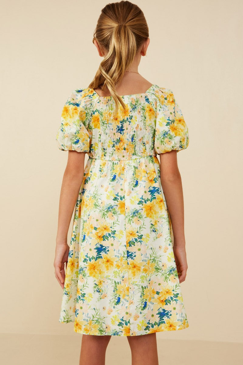 Girls Floral Print Puff Sleeve Dress