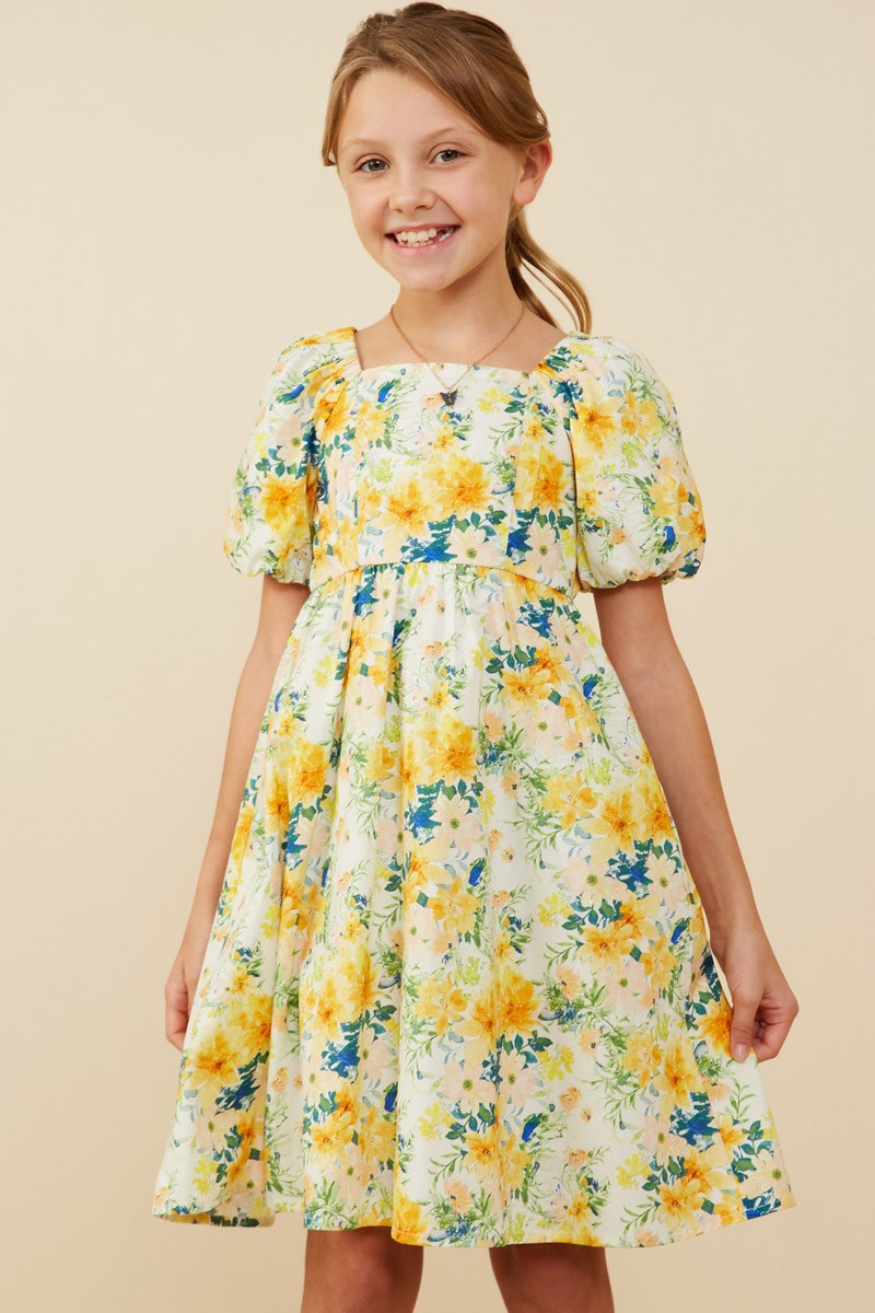 Girls Floral Print Puff Sleeve Dress