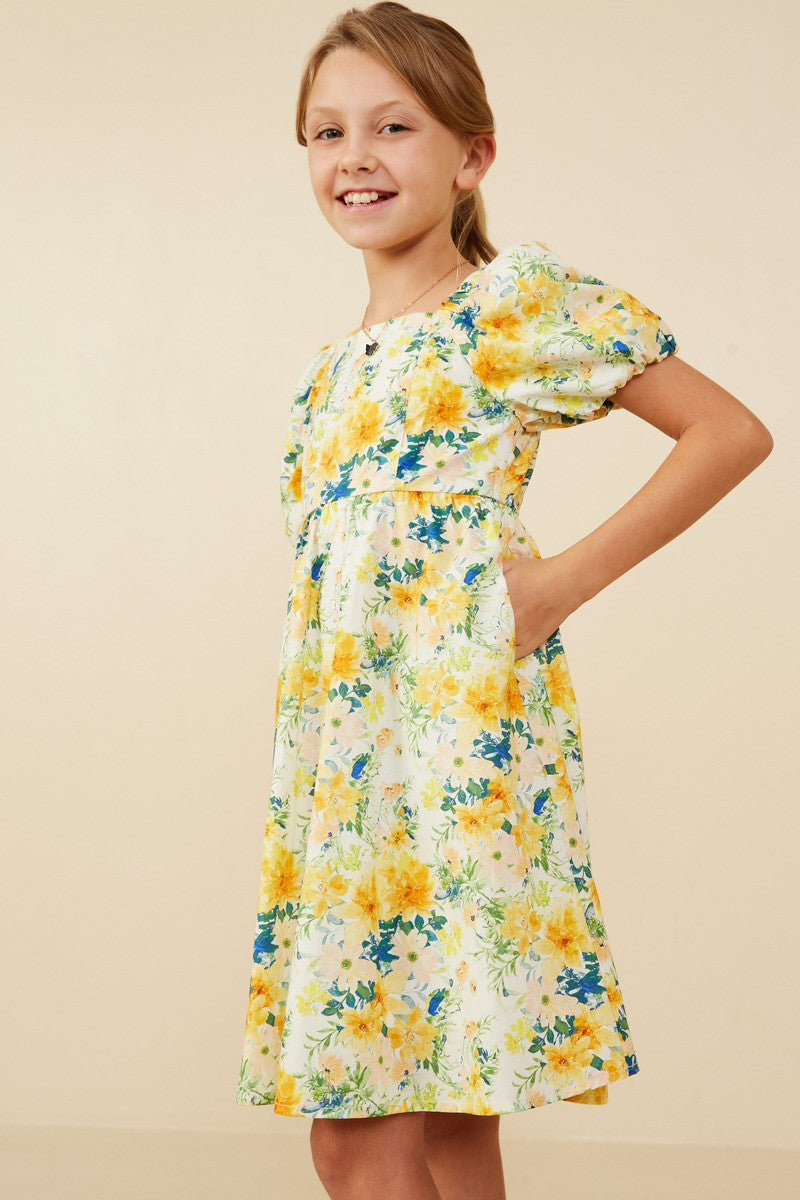 Girls Floral Print Puff Sleeve Dress