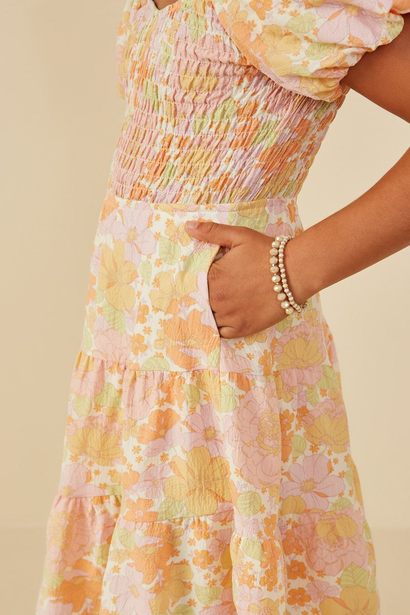 Girls Textured Floral Smocked Puff Sleeve Dress