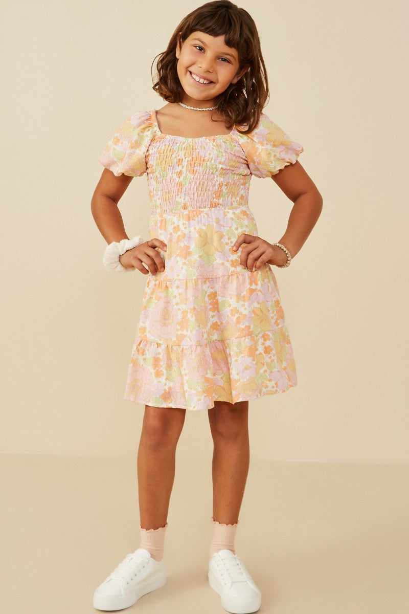 Girls Textured Floral Smocked Puff Sleeve Dress