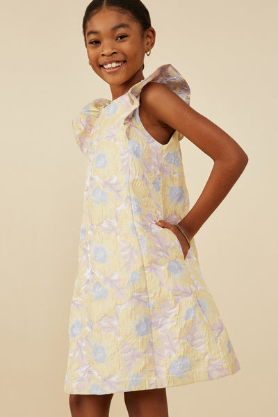 Girls Floral Ruffled Shoulder Dress