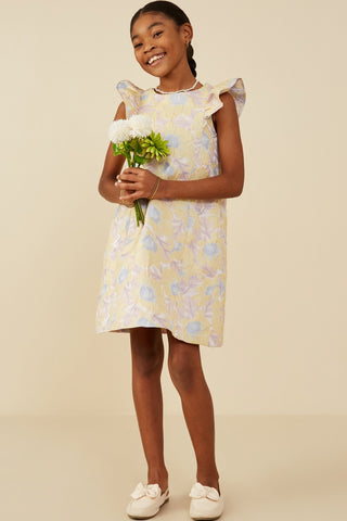 Girls Floral Ruffled Shoulder Dress