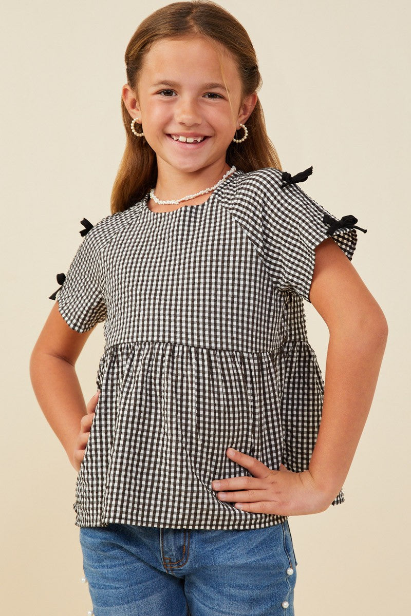 Youth Girls Ribbon Gingham Babydoll Top