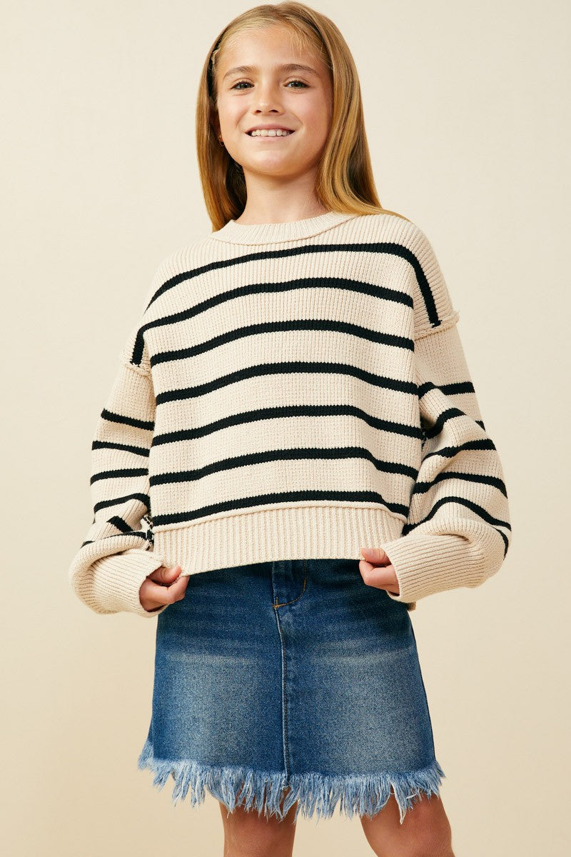 Youth Girls Striped Puff Sleeve Sweater Top