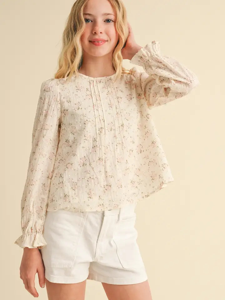 Tween Girls Long Sleeve Pintuck Floral Top