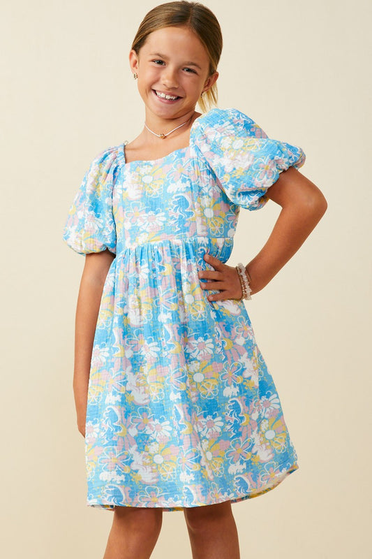 Youth Girls Floral Print Square Neck Dress