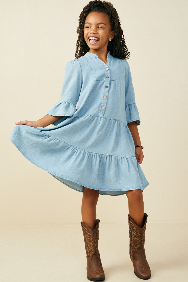 Youth Girls Button Detail Ruffle Sleeve Dress