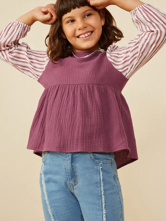 Youth Girls Contrast Sleeve Gauze Top