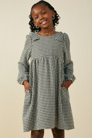 Youth Girls Bow Detailed Gingham Long Sleeve Dress