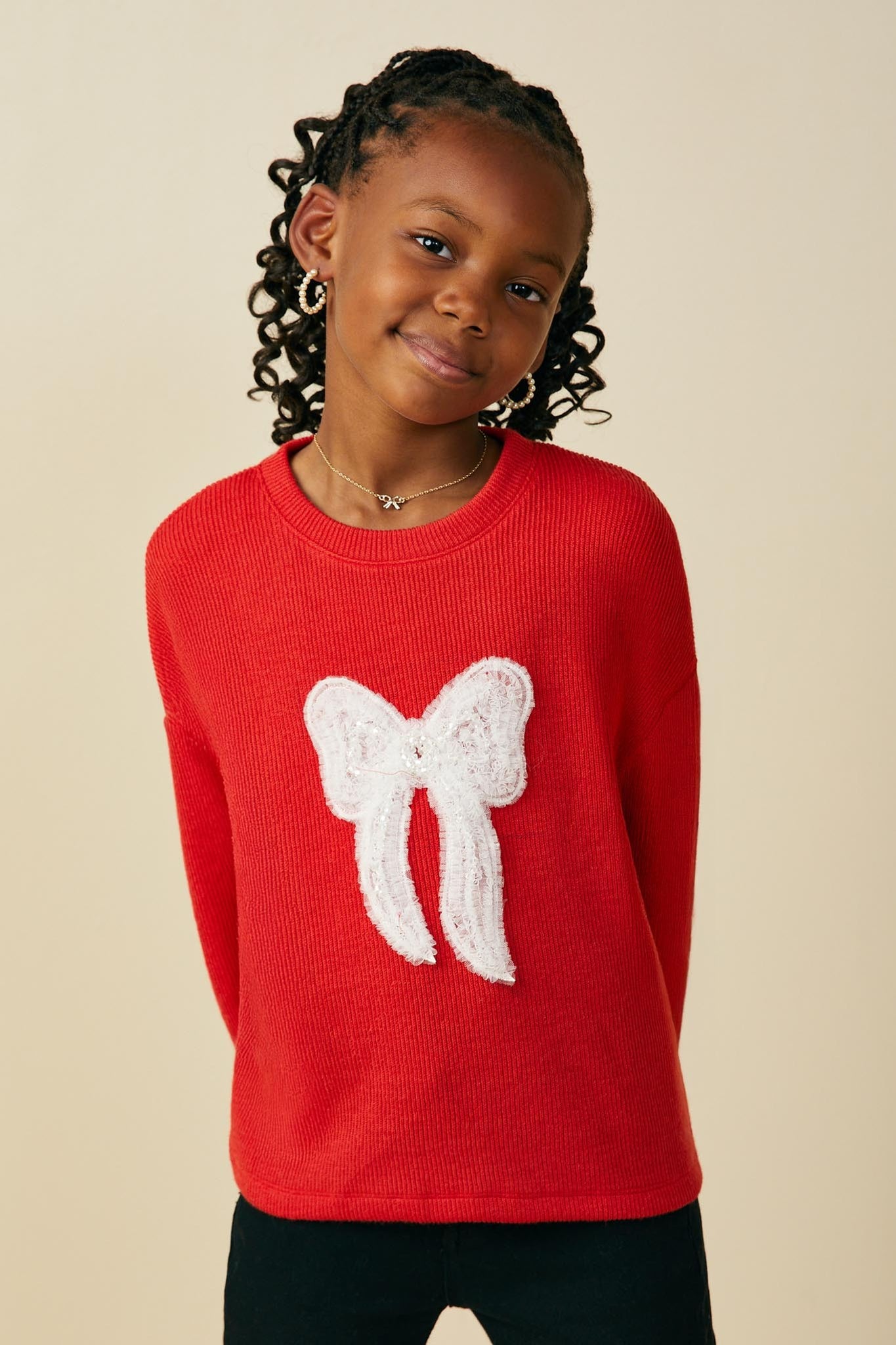 Youth Girls Beaded Lace Bow Ribbed Long Sleeve Top