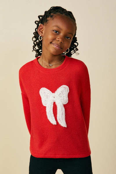 Youth Girls Beaded Lace Bow Ribbed Long Sleeve Top