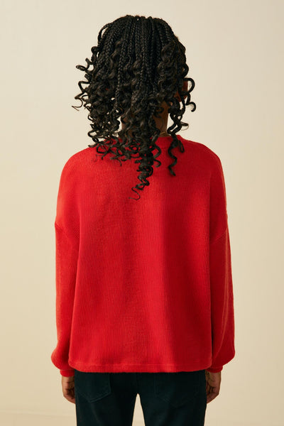 Youth Girls Beaded Lace Bow Ribbed Long Sleeve Top