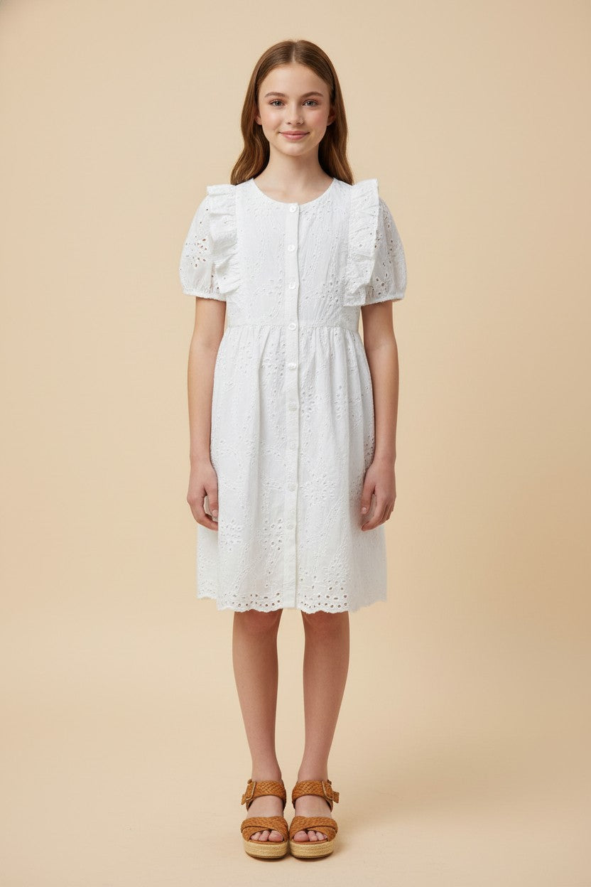 Youth Girls Button Down Floral Eyelet Dress