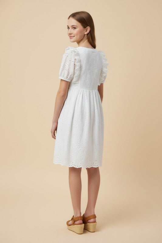 Youth Girls Button Down Floral Eyelet Dress