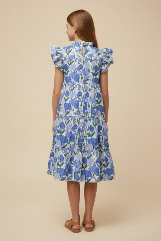 Youth Girls Contrast Ruffle Neck Floral Dress