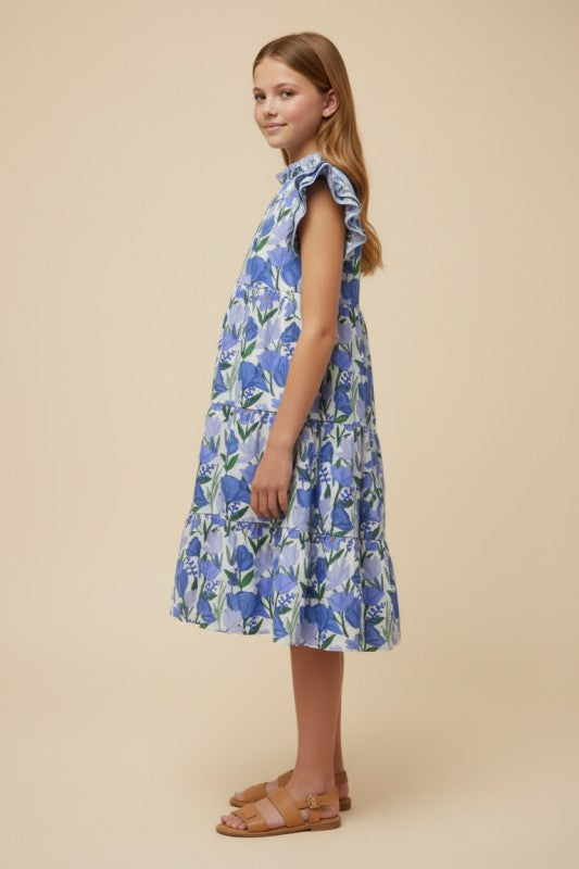 Youth Girls Contrast Ruffle Neck Floral Dress