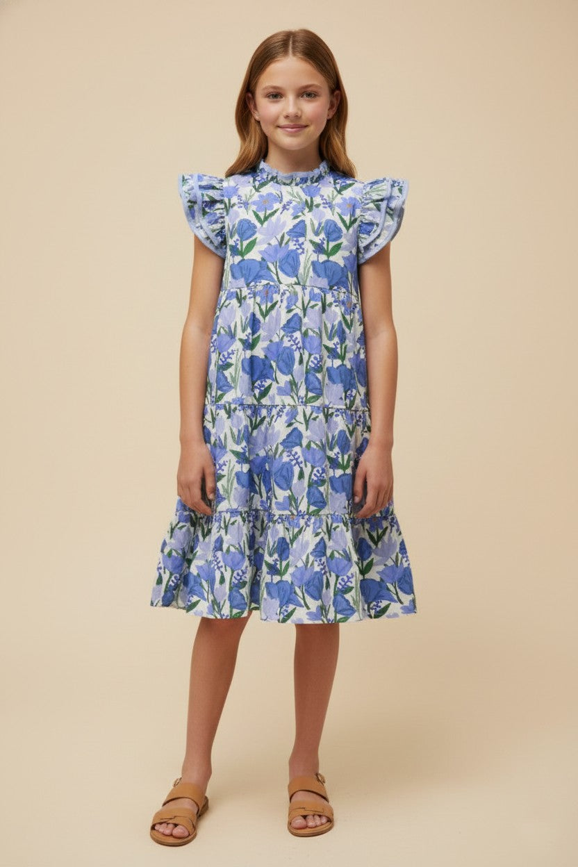 Youth Girls Contrast Ruffle Neck Floral Dress