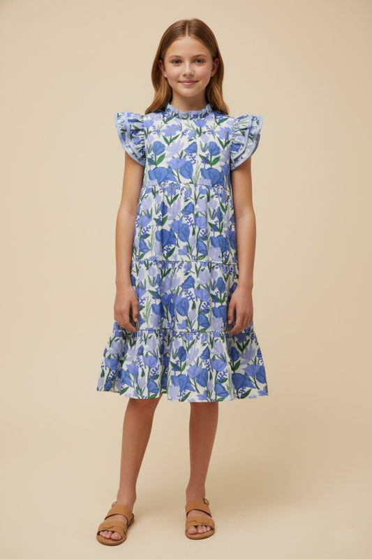 Youth Girls Contrast Ruffle Neck Floral Dress