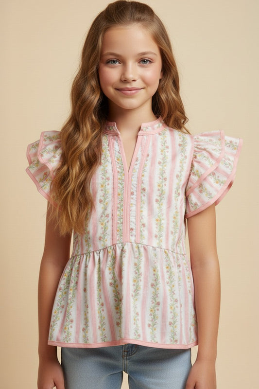 Youth Girls Floral Striped Ruffle Shoulder Top