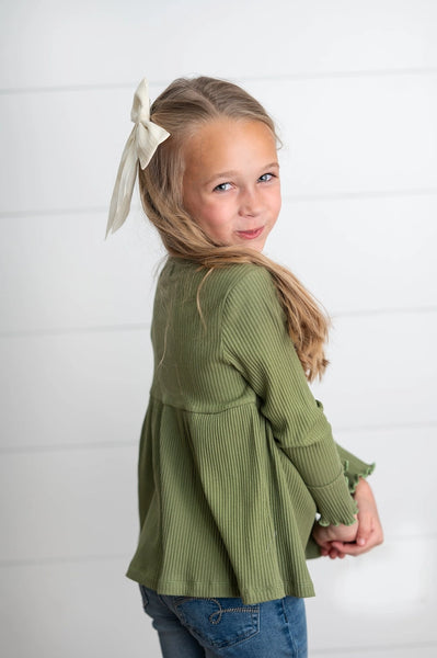 Fall Olive Long Sleeve Lettuce Trim Ribbed Shirt