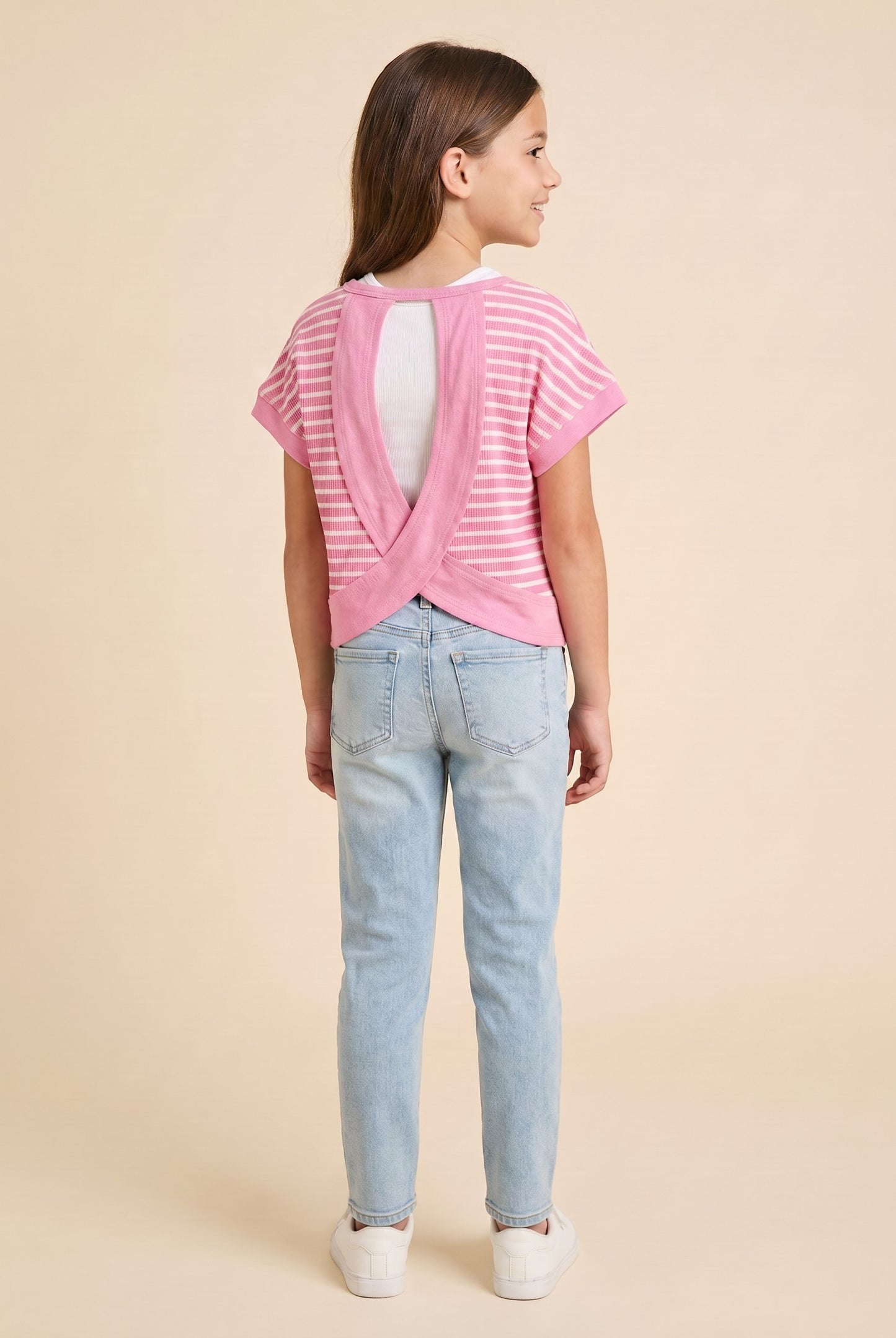 Youth Girls Open Back Striped Knit T-Shirt