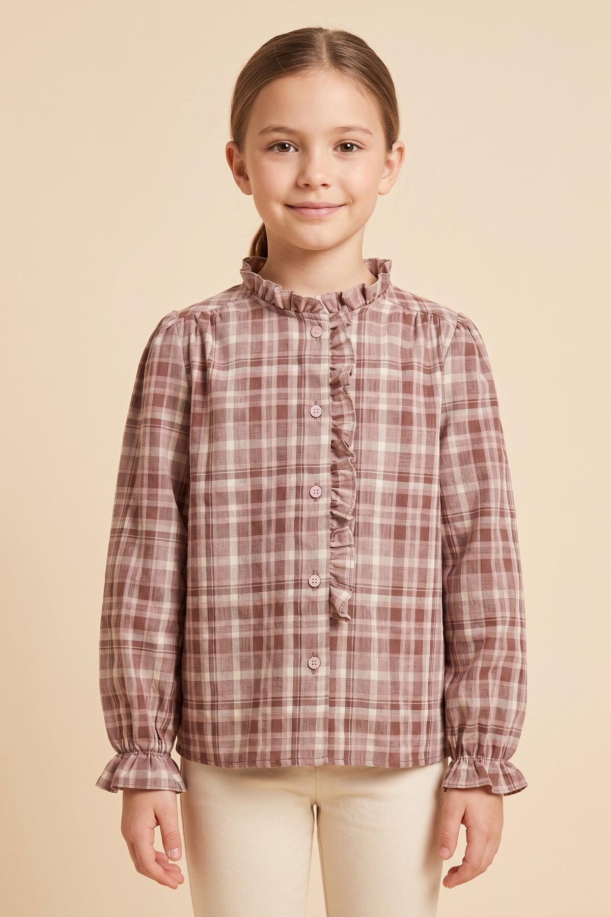 Youth Girls Ruffle Placket Button Up Plaid Shirt