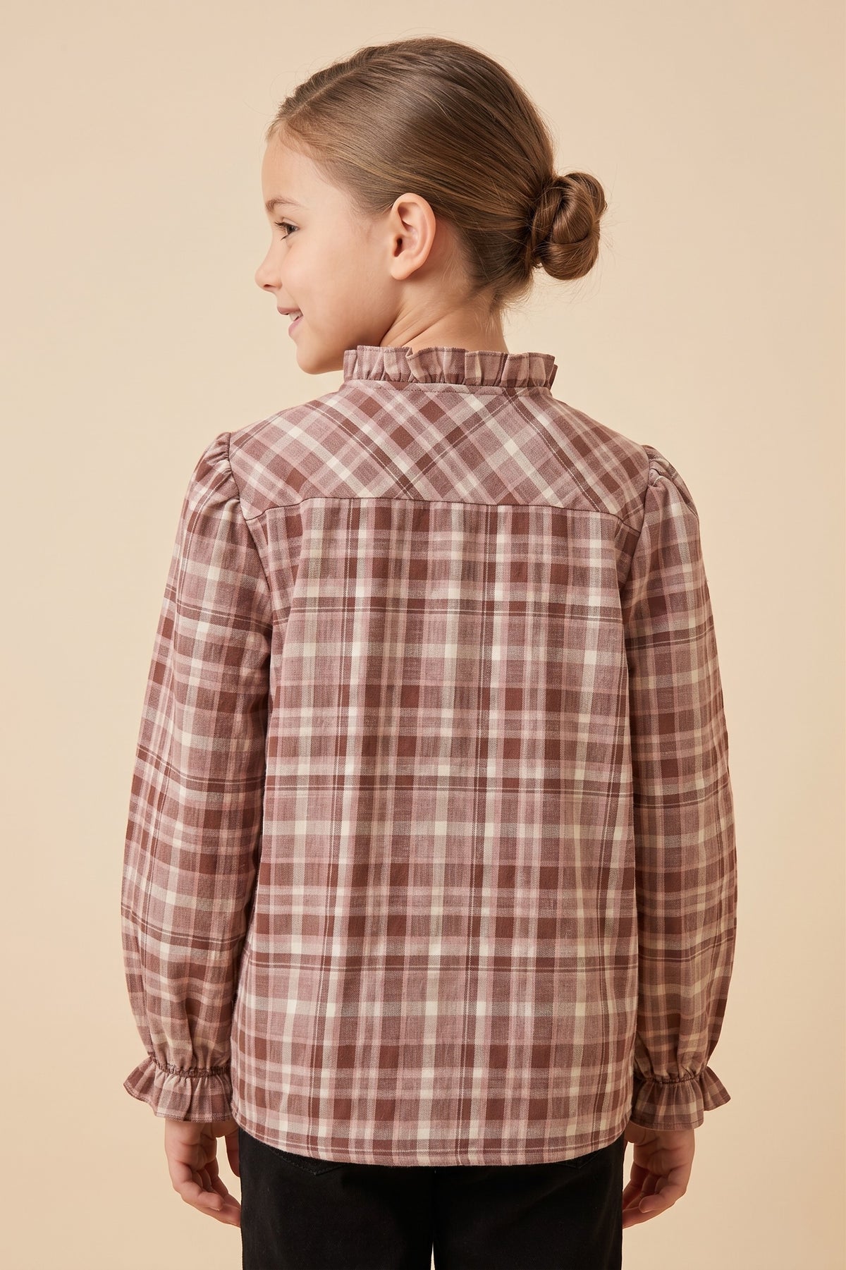Youth Girls Ruffle Placket Button Up Plaid Shirt